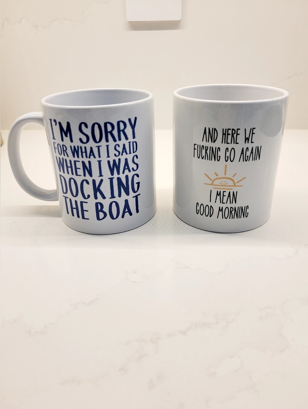 White Ceramic Mug with Blue Text - Funny Docking the Boat Design